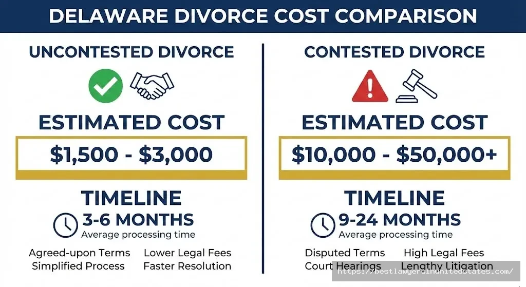 Visual comparison of uncontested versus contested divorce costs in Delaware showing price ranges and timelines