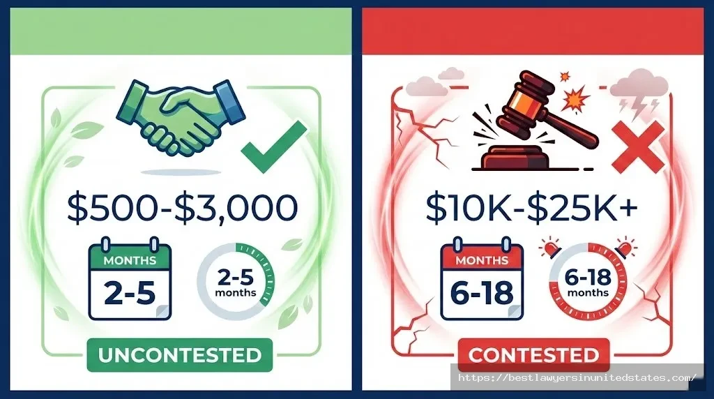 Visual comparison showing cost and timeline differences between uncontested and contested divorce in South Dakota