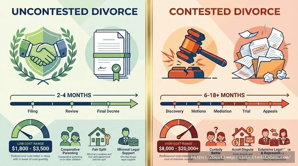 Visual comparison showing uncontested divorce costs $1,800-$3,500 versus contested divorce costs $8,000-$20,000 in North Dakota
