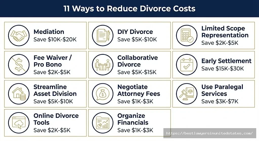 Visual grid showing 11 proven strategies to reduce Wyoming divorce costs including mediation, DIY filing, and limited scope representation with estimated savings