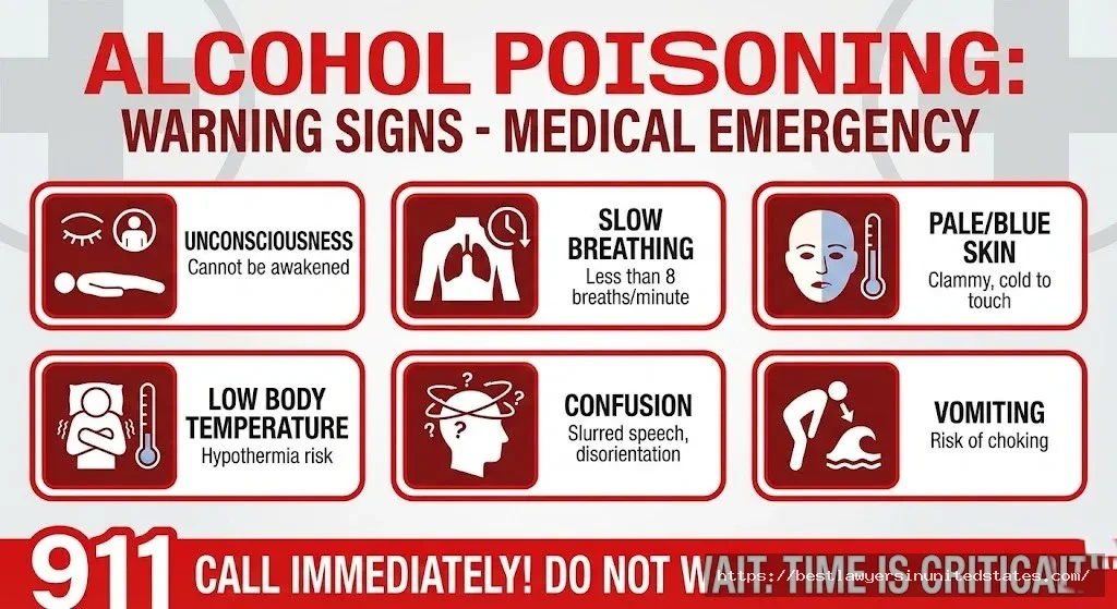 Warning signs of alcohol poisoning requiring immediate 911 emergency medical attention