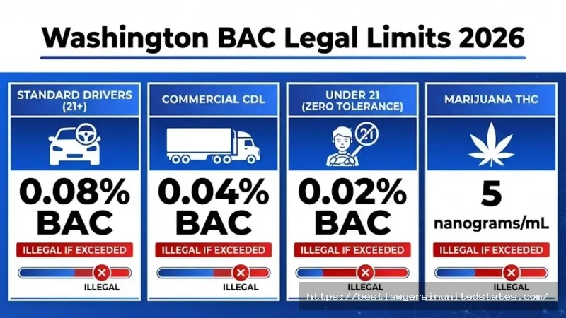 Washington BAC limits 0.08% standard, 0.04% CDL, 0.02% under-21, 5ng THC marijuana - legal thresholds chart