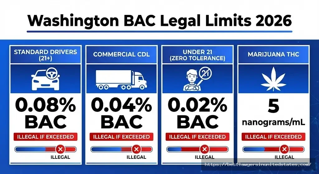Washington BAC limits 0.08% standard, 0.04% CDL, 0.02% under-21, 5ng THC marijuana - legal thresholds chart