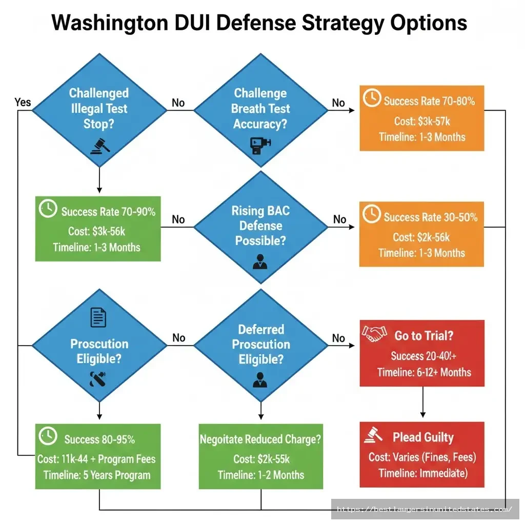 Washington DUI defense strategies flowchart illegal stop, breath test challenges, rising BAC, deferred prosecution options
