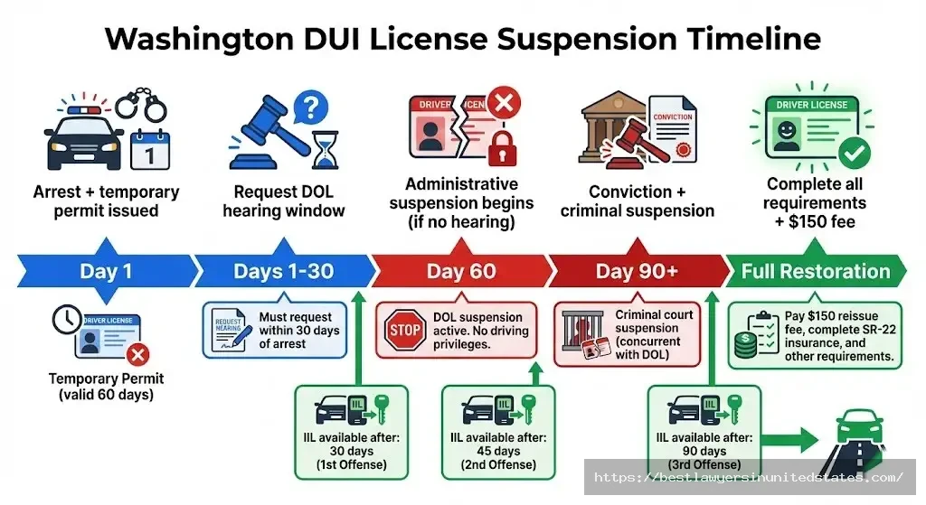 Washington DUI license suspension timeline 30-day hearing deadline, 60-day suspension start, IIL eligibility periods
