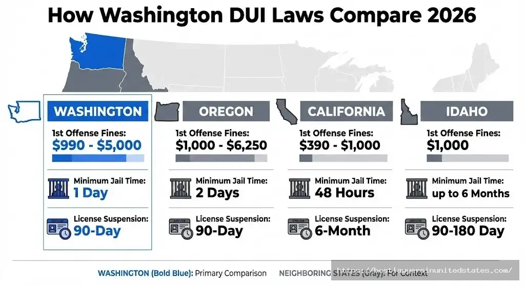 Washington DUI penalties compared to Oregon, California, Idaho - 2026 state-by-state first offense comparison chart