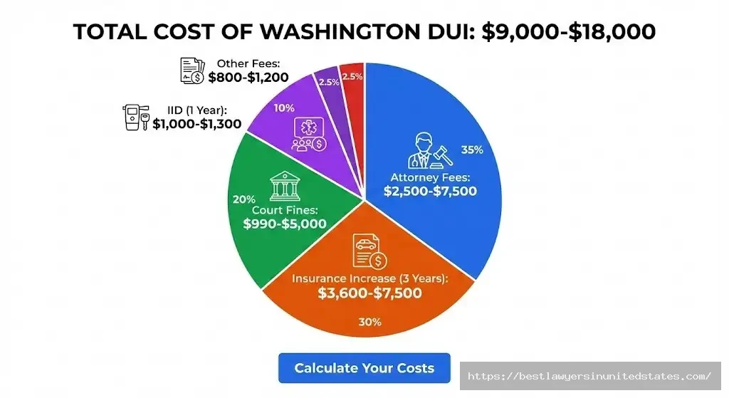 Washington DUI total costs breakdown $9,000-$18,000 including fines, attorney, IID, insurance, treatment fees