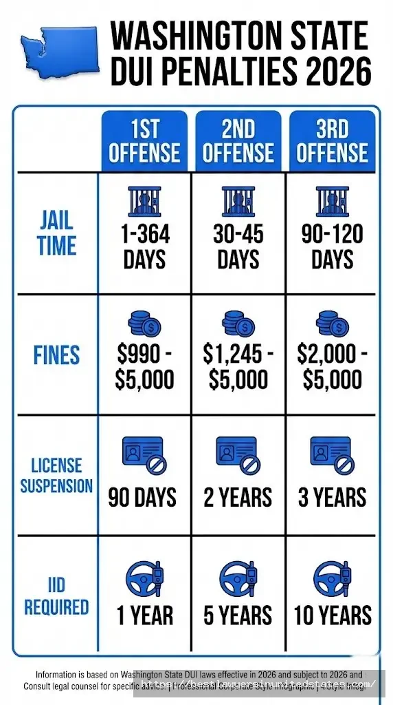 Washington State DUI penalty chart showing 1st, 2nd, 3rd offense jail time, fines, suspension, IID requirements 2026