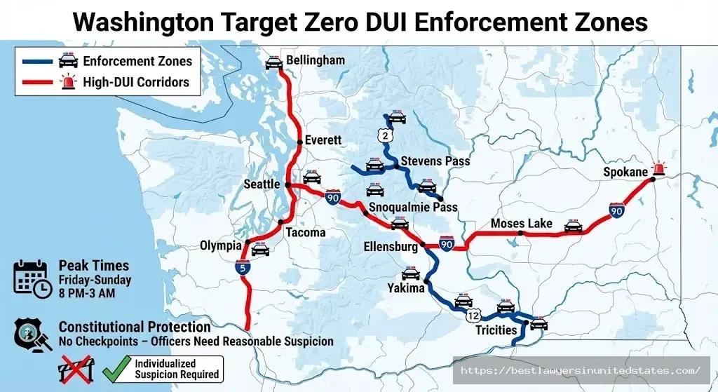 Washington Target Zero Teams DUI enforcement map I-5, I-90, Highway 2, Highway 12 patrol zones and peak times