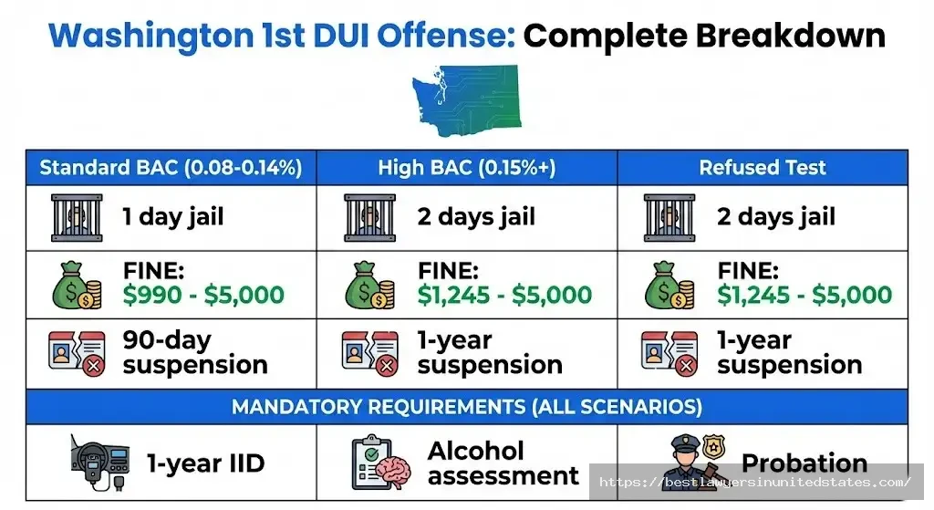 Washington first DUI penalties 1 day jail, $990-$5,000 fine, 90-day suspension for 0.08% BAC - complete breakdown