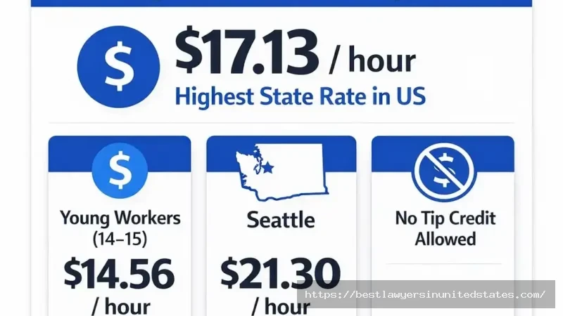 Washington minimum wage 2026 rates showing $17.13 state rate and $21.30 Seattle rate