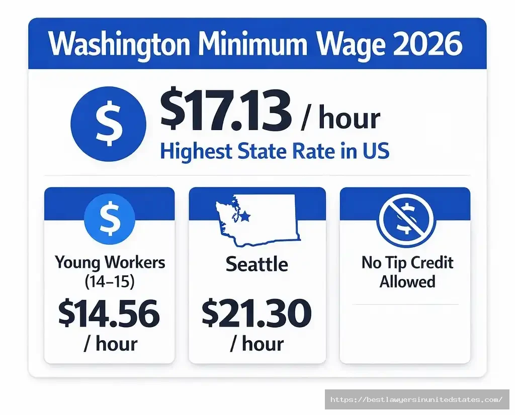 Washington minimum wage 2026 rates showing $17.13 state rate and $21.30 Seattle rate