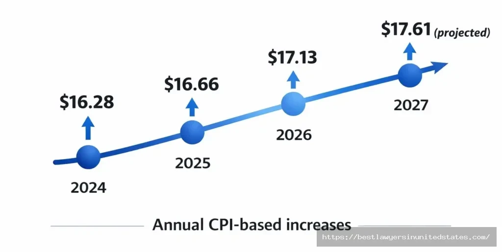 Washington minimum wage timeline from 2024 to 2027 showing annual increases