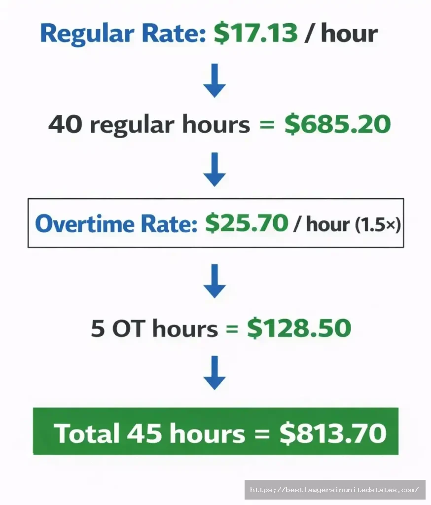 Washington overtime pay calculation example showing $25.70 overtime rate