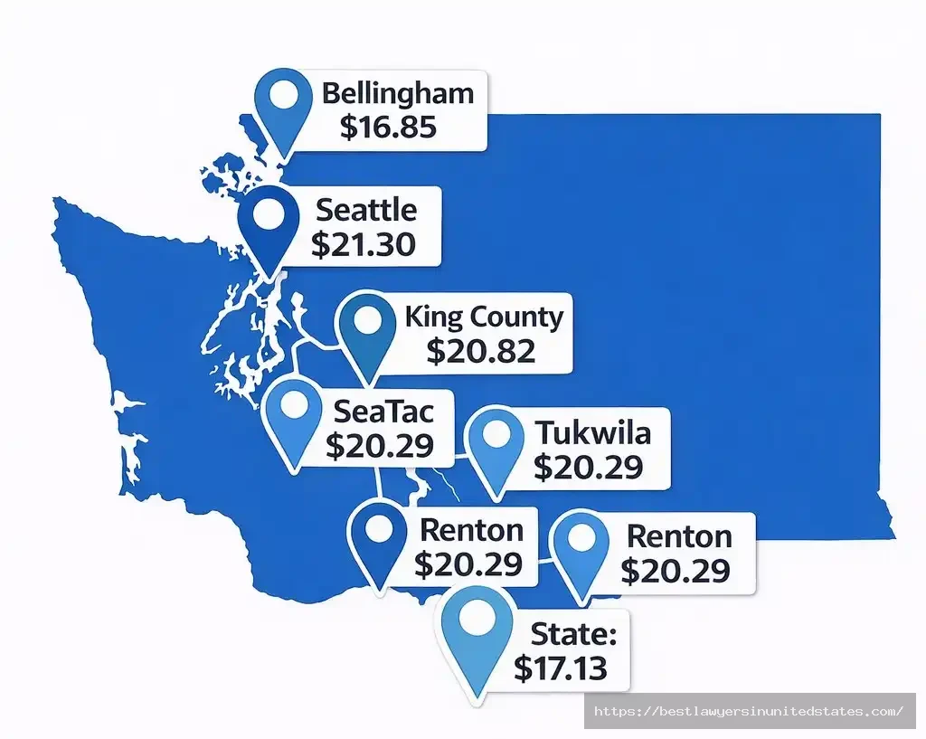 Washington state map showing local minimum wage rates for Seattle, King County, and other cities