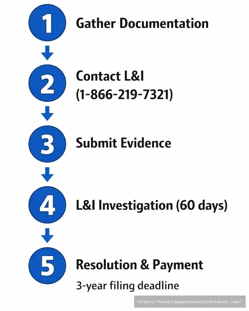 Washington wage claim filing process showing 5 steps and 3-year deadline