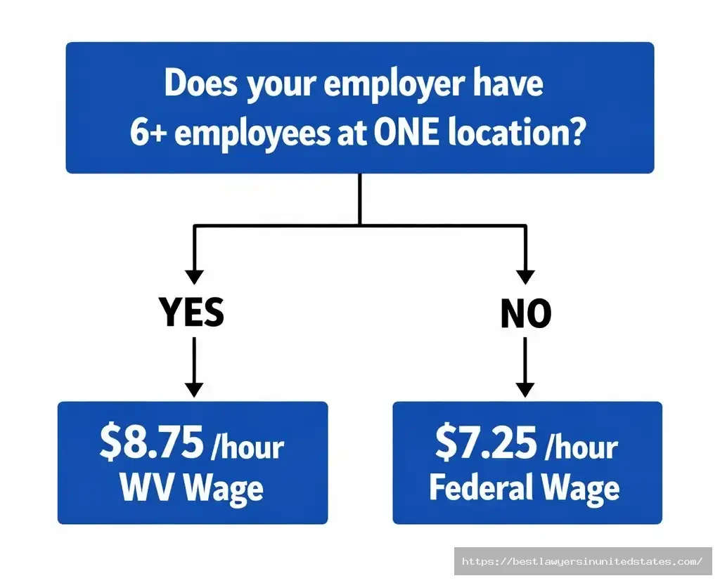 West Virginia 6-employee threshold flowchart showing which minimum wage rate applies