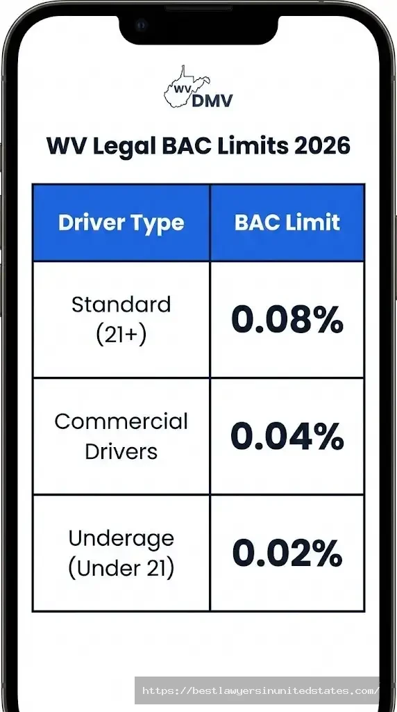 West Virginia BAC limits table showing 0.08% standard 0.04% commercial 0.02% underage driver thresholds