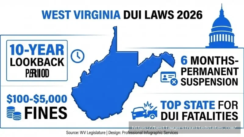 West Virginia DUI laws 2026 penalties fines suspension statistics infographic with state outline
