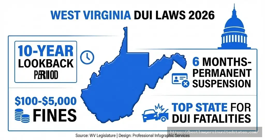 West Virginia DUI laws 2026 penalties fines suspension statistics infographic with state outline