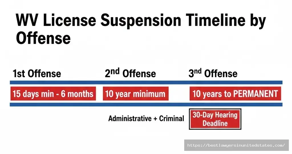 West Virginia DUI license suspension timeline 6 months first offense 10 year permanent third offense