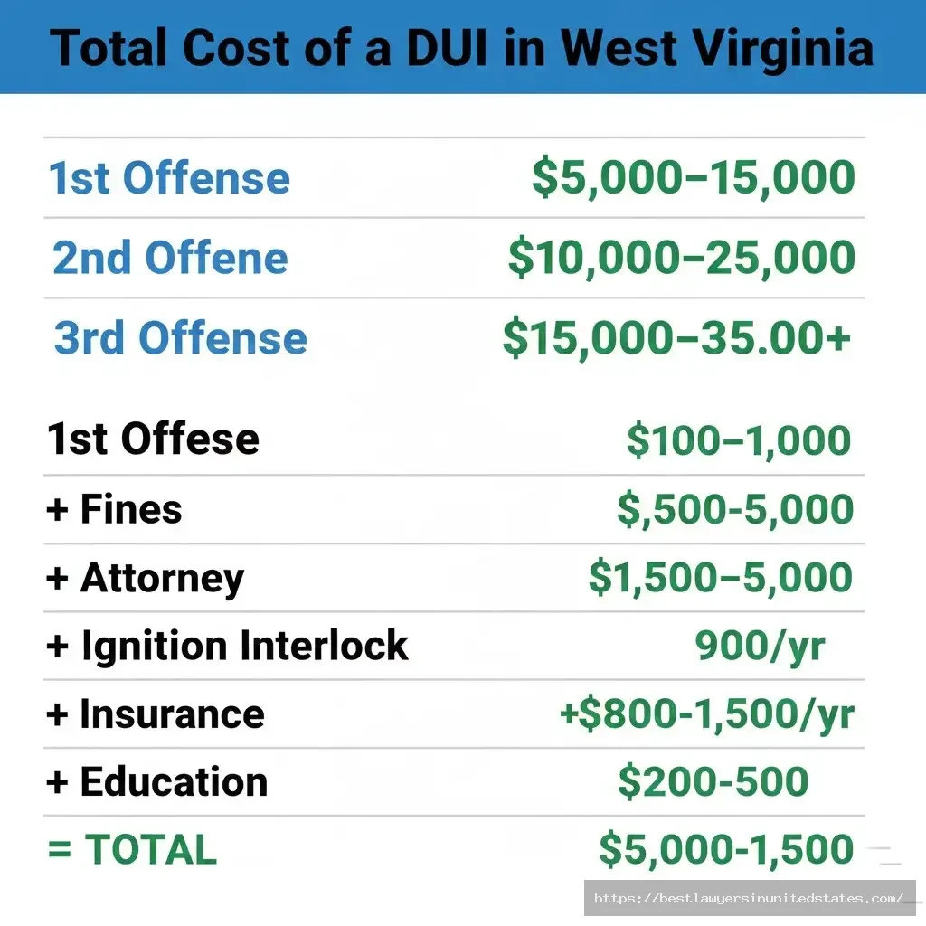 West Virginia DUI total costs $5,000-$35,000 fines attorney ignition interlock insurance breakdown table