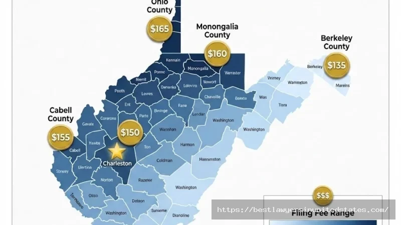 West Virginia county map showing divorce filing fees by location ranging from $135 to $165 across major counties including Kanawha and Berkeley
