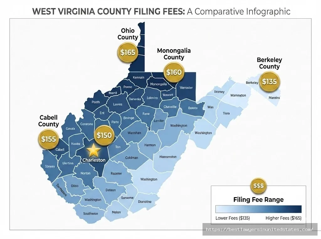 West Virginia county map showing divorce filing fees by location ranging from $135 to $165 across major counties including Kanawha and Berkeley