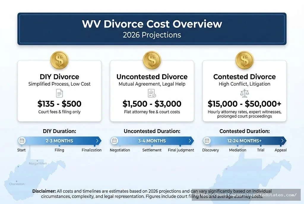 West Virginia divorce cost breakdown infographic showing DIY, uncontested, and contested divorce costs ranging from $135 to $50,000 plus with timelines