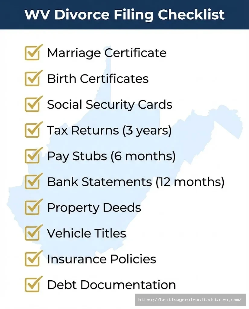 West Virginia divorce filing checklist showing required documents including marriage certificate, financial records, and property documentation