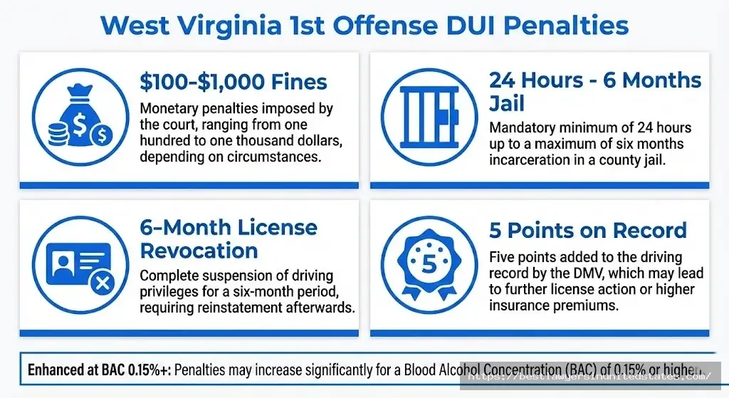 West Virginia first offense DUI penalties $100-$1,000 fines 6 months jail license revocation infographic