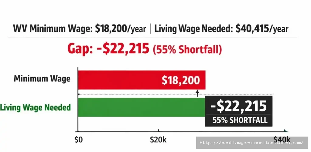 West Virginia living wage gap showing minimum wage earner needs $22,215 more per year