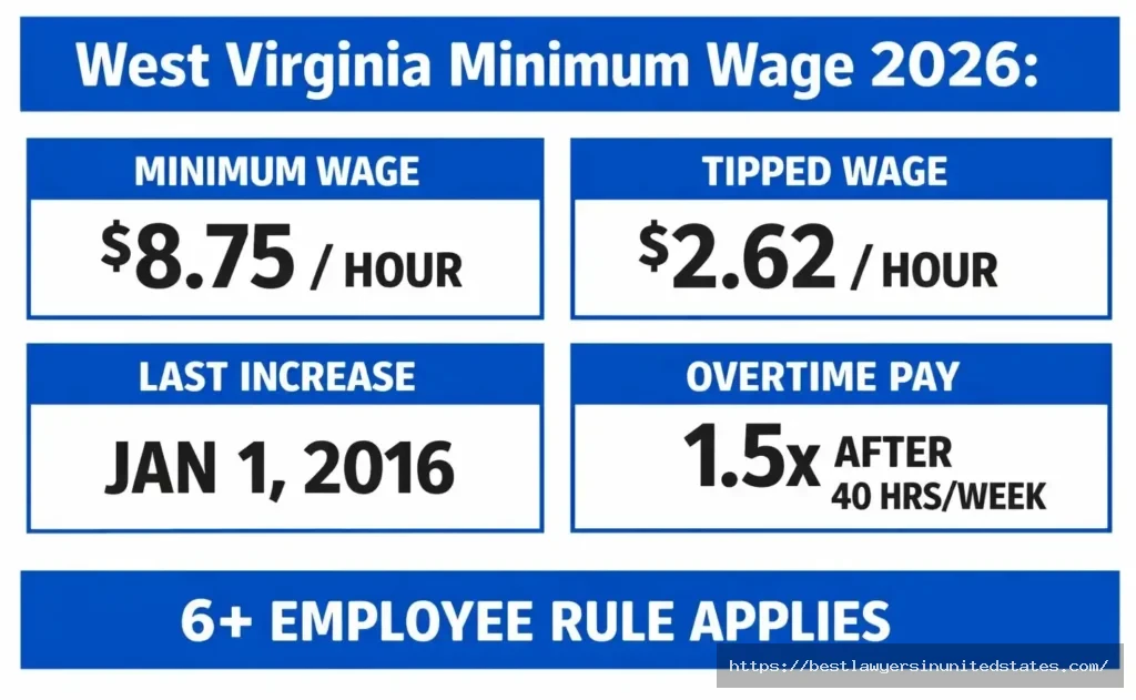 West Virginia minimum wage 2026 quick facts showing $8.75 hourly rate and tipped wage information