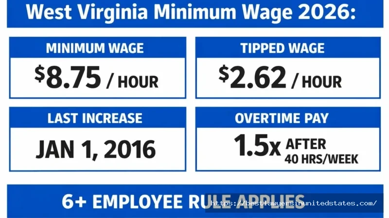 West Virginia minimum wage 2026 quick facts showing $8.75 hourly rate and tipped wage information