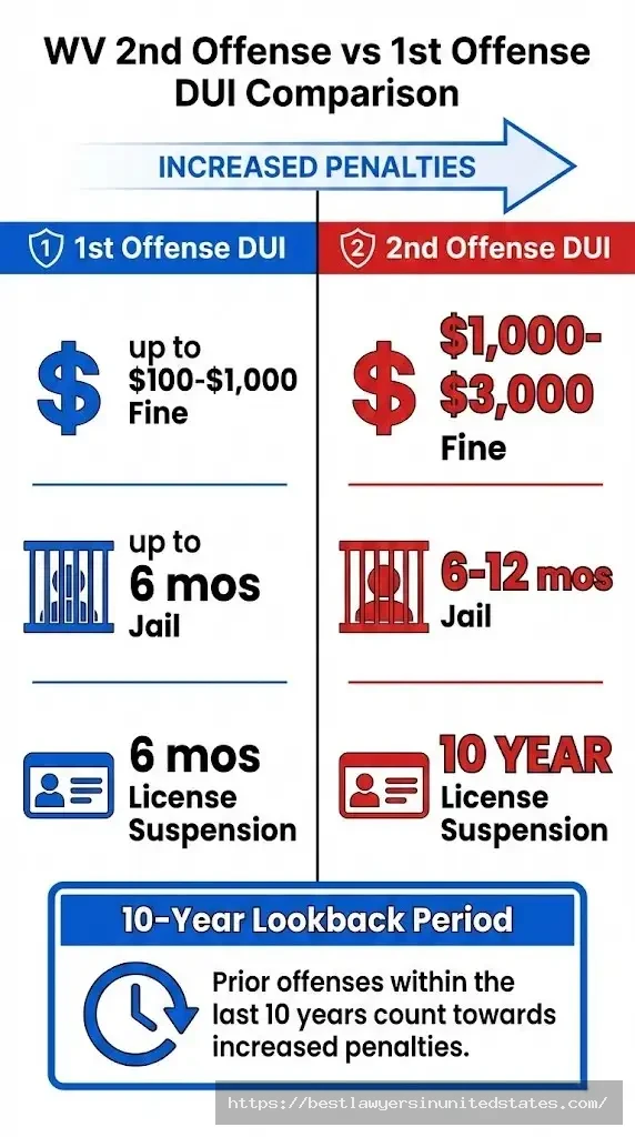 West Virginia second offense DUI penalties comparison $1,000-$3,000 fines 10 year license suspension
