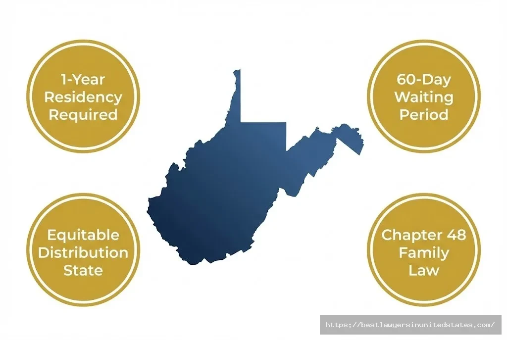West Virginia state outline showing key divorce requirements including one-year residency, 60-day waiting period, and equitable distribution laws