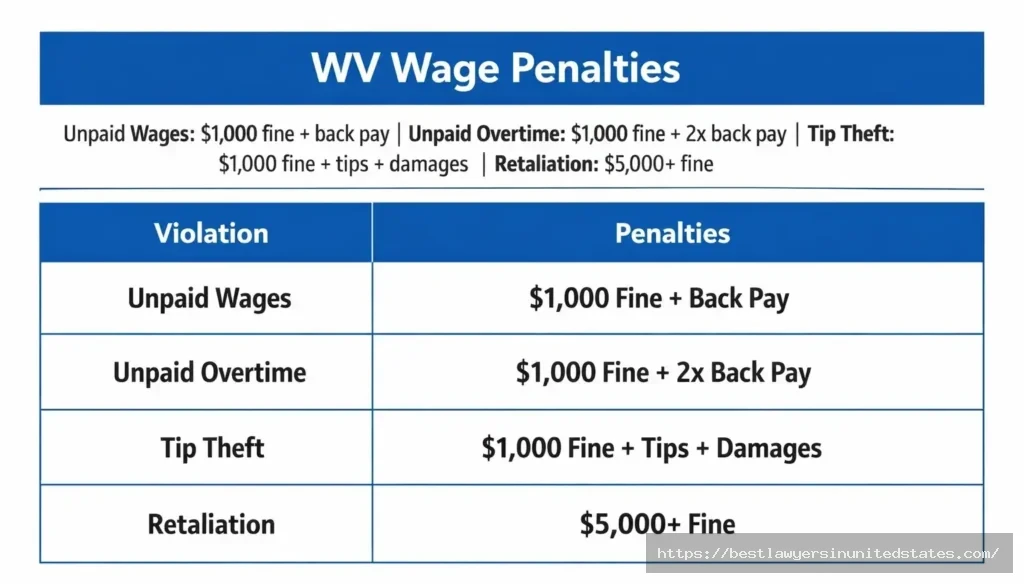 West Virginia wage violation penalties showing fines and employee recovery amounts