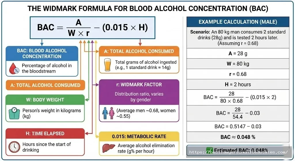 Widmark formula for calculating blood alcohol content with variable explanations and example