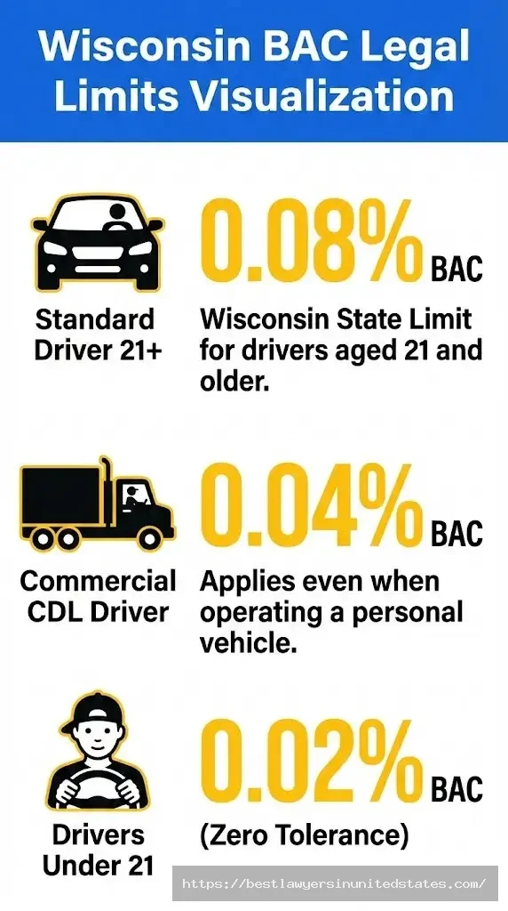 Wisconsin BAC limits 0.08 percent standard drivers 0.04 CDL 0.02 under 21 legal limits chart 2026