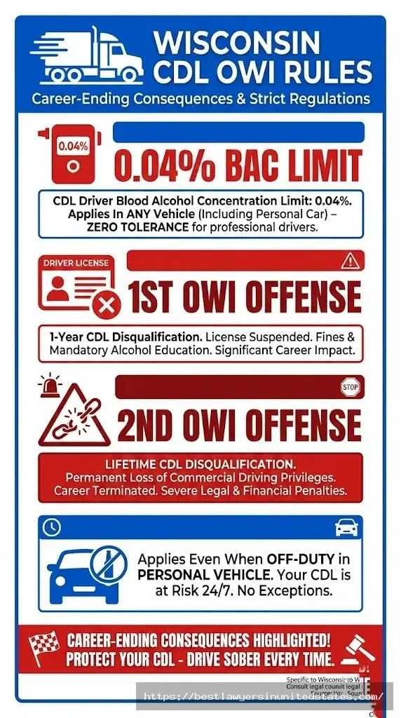 Wisconsin CDL OWI rules 0.04 percent BAC limit commercial drivers lifetime disqualification second offense penalties 2026
