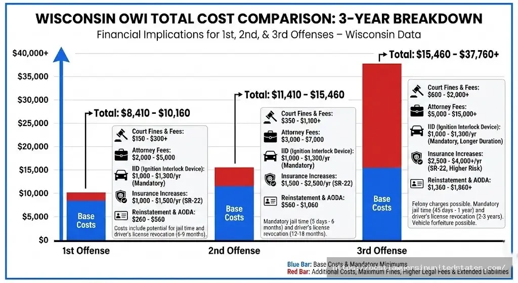 Wisconsin OWI cost breakdown 2026 first offense 8000 to 10000 dollars second offense 11000 to 15000 third offense cost chart
