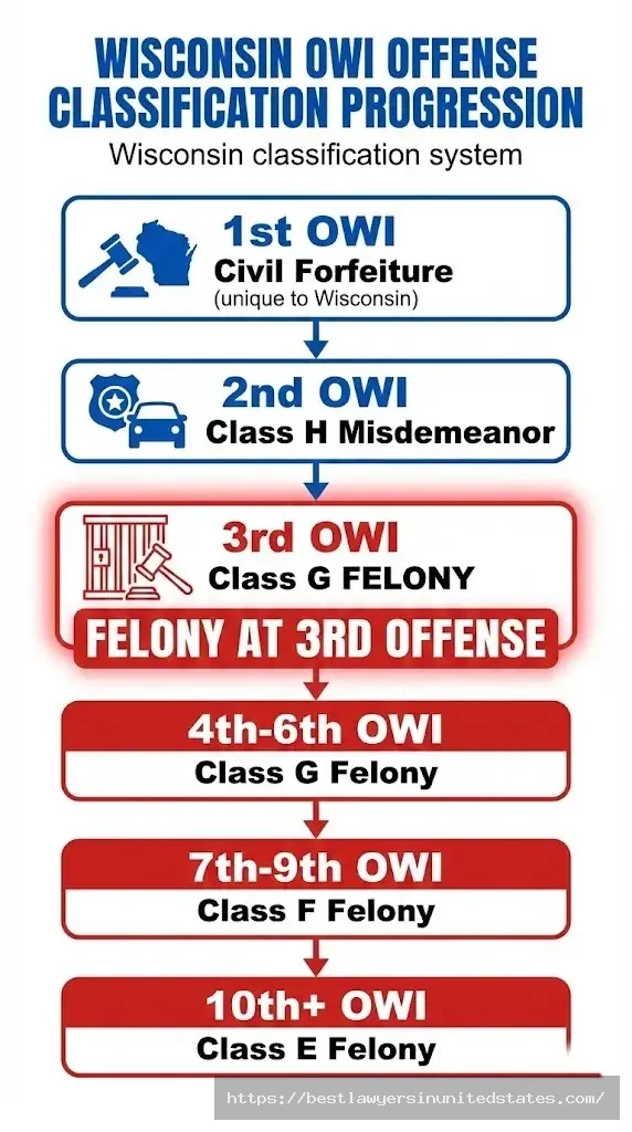 Wisconsin OWI felony threshold third offense Class G felony offense classification progression criminal penalties 2026