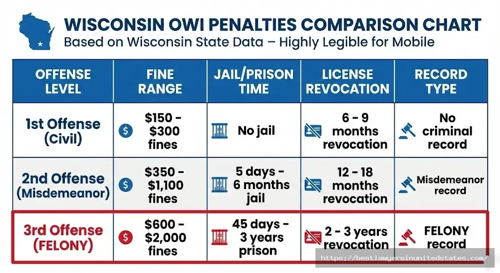Wisconsin OWI penalties by offense showing fines jail time and license revocation for 1st 2nd and 3rd offense 2026