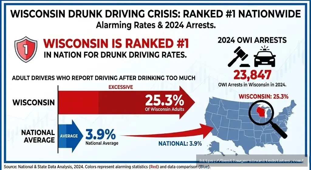 Wisconsin drunk driving statistics ranked number 1 in nation 25 percent adults OWI arrest data 2024 compared to national average