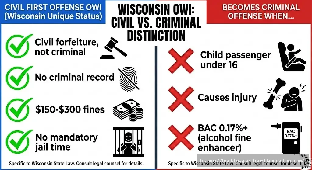 Wisconsin first offense OWI civil vs criminal status when does first offense become criminal child passenger injury 2026