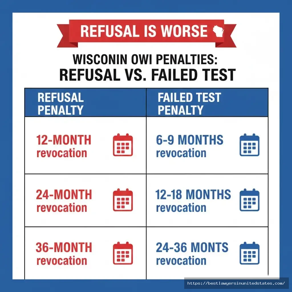 Wisconsin implied consent law refusal penalties vs failed test 12 month revocation first refusal 6 month failed test comparison