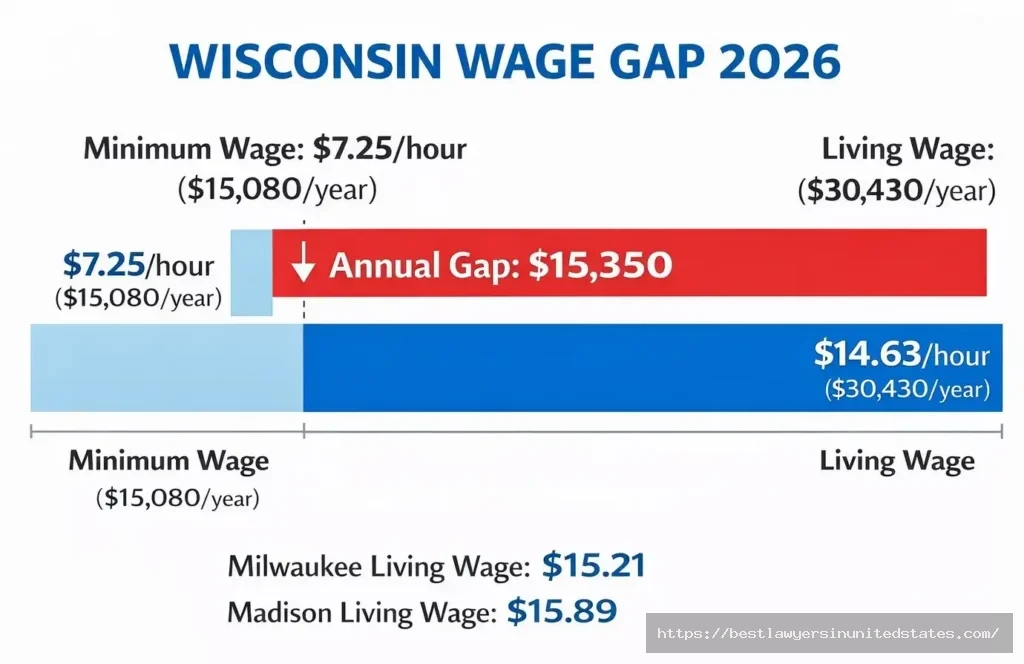 Wisconsin living wage gap showing $7.25 minimum wage versus $14.63 required living wage