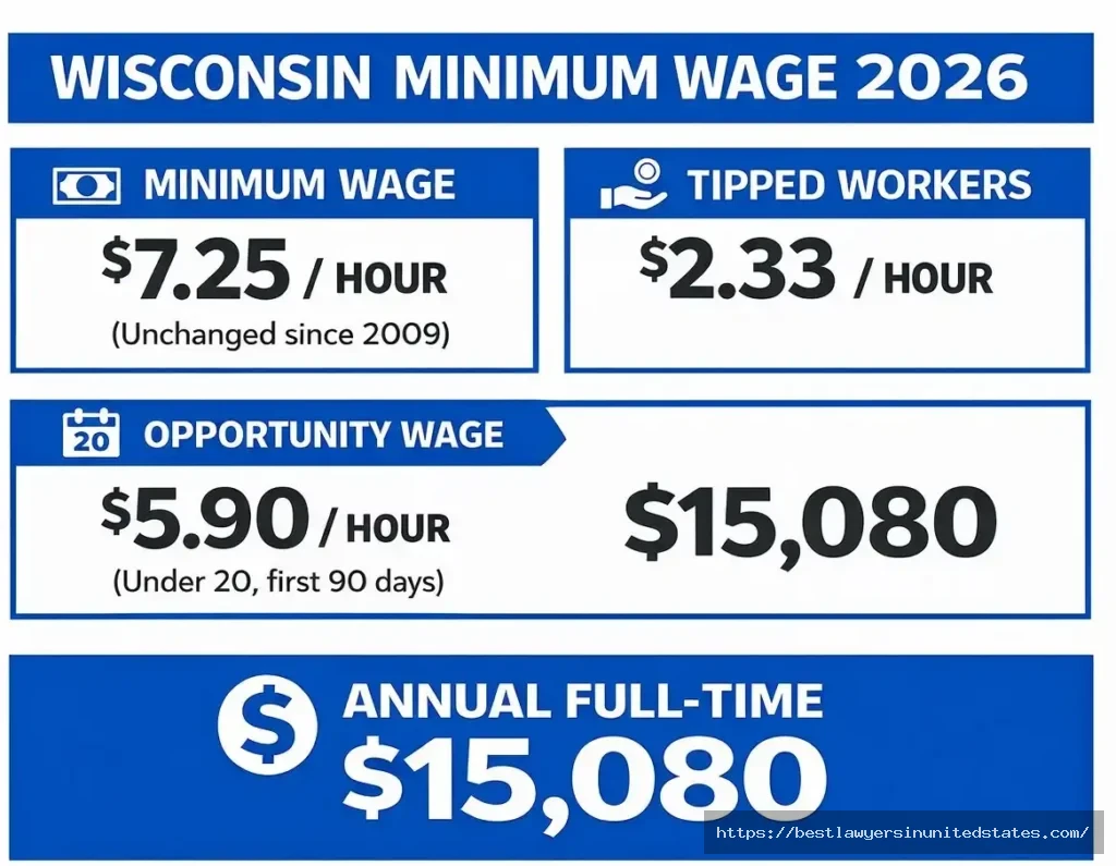 Wisconsin minimum wage 2026 rates showing $7.25 hourly standard rate and tipped worker wages
