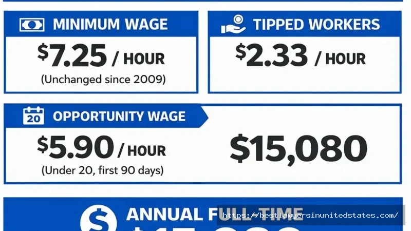 Wisconsin minimum wage 2026 rates showing $7.25 hourly standard rate and tipped worker wages