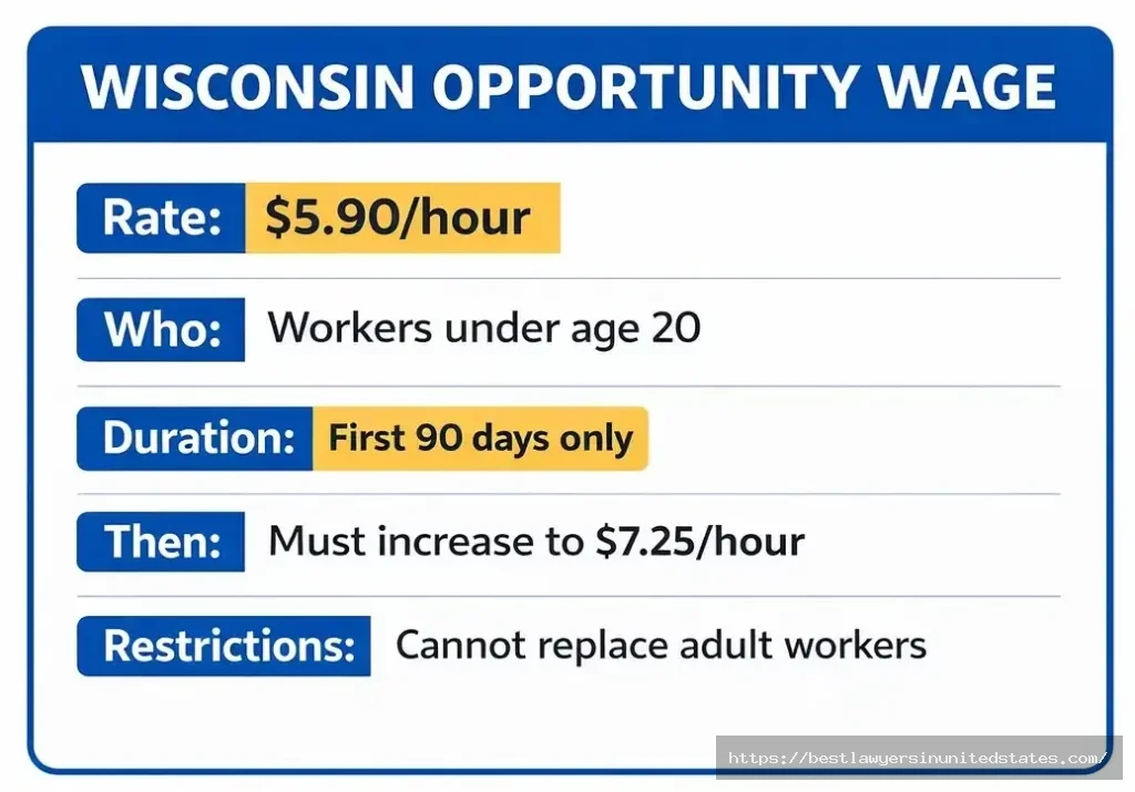 Wisconsin opportunity wage showing $5.90 rate for workers under 20 during first 90 days